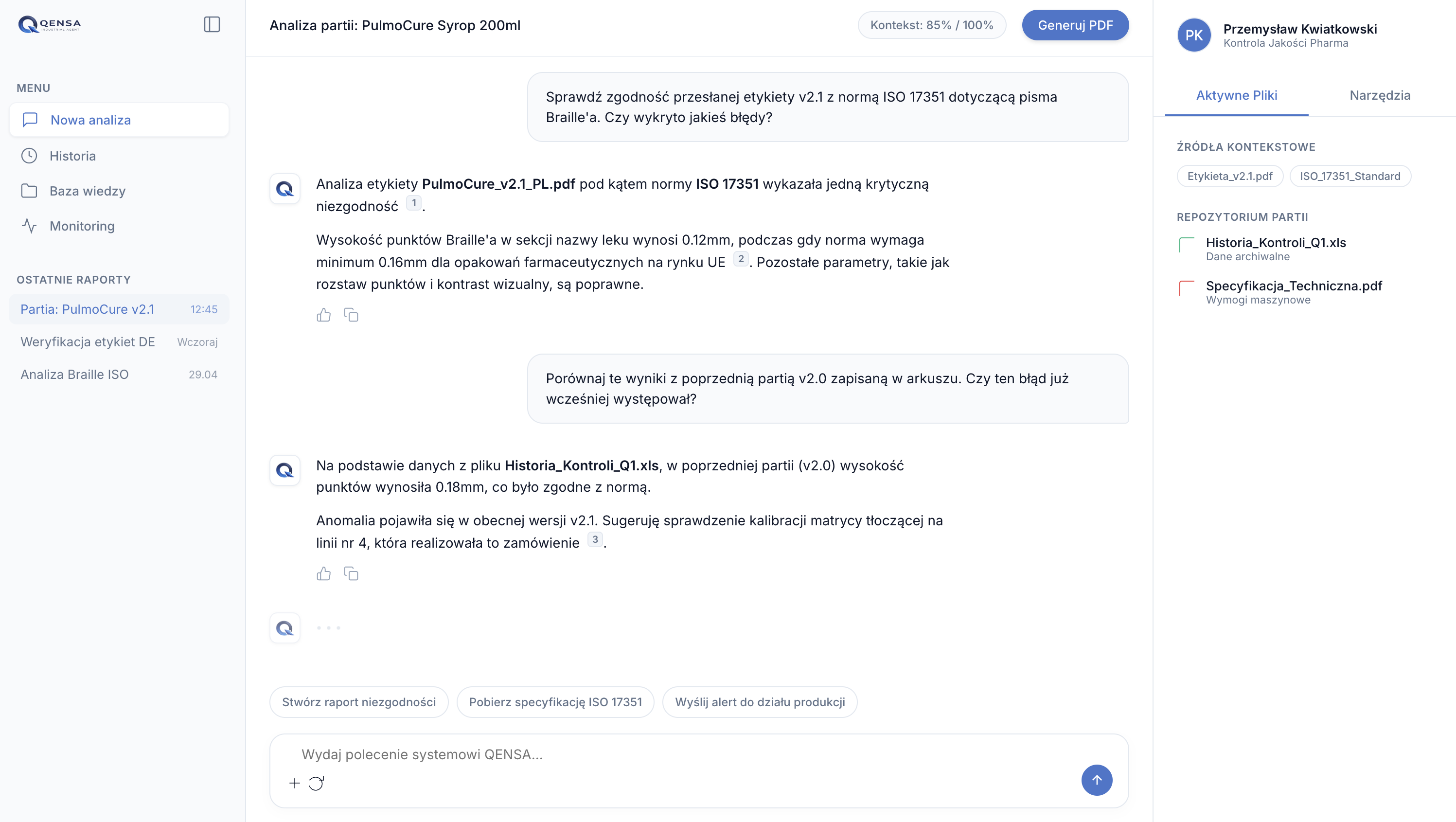 Panel QENSA AI do pracy z dokumentacją jakościową