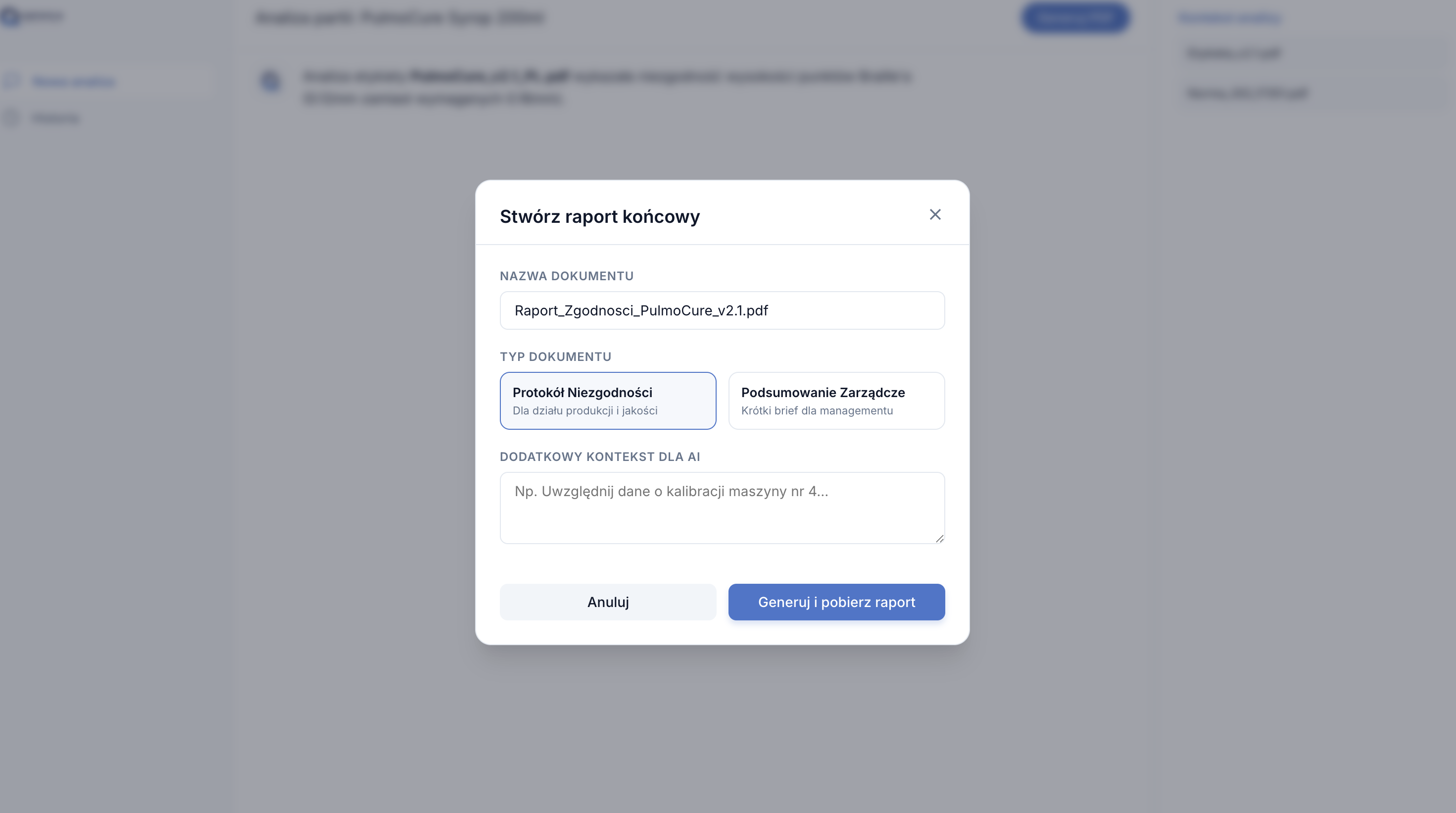 Generowanie raportów jakościowych w QENSA AI